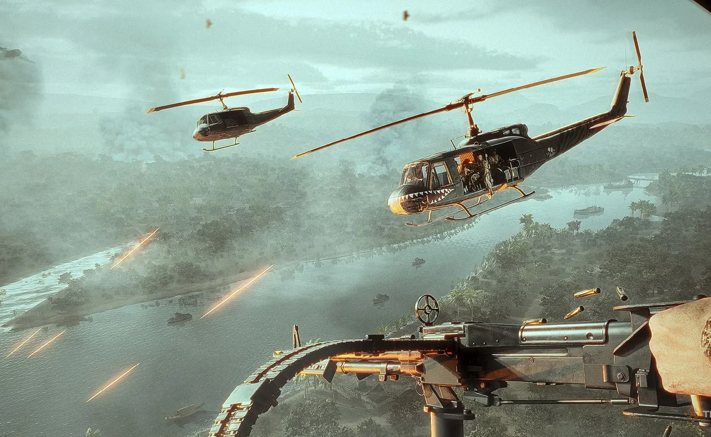 Airmobile helicopters over a Vietnam base area