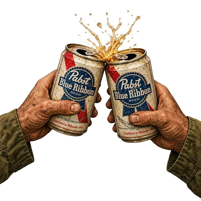 Two soldiers sharing Pabst Blue Ribbon cans