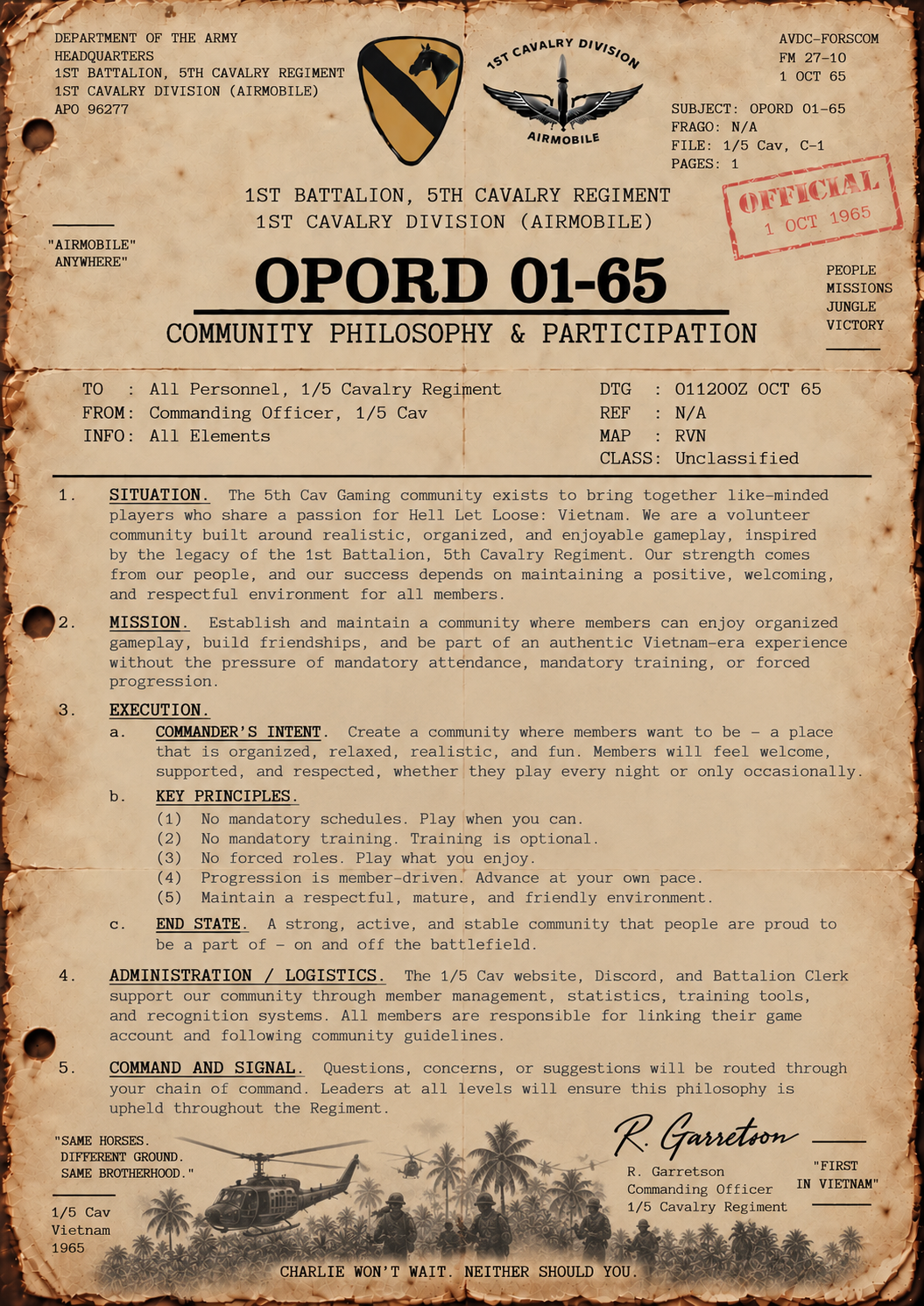 OPORD 01-65 Community Philosophy and Participation